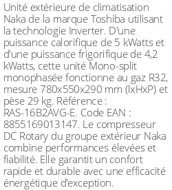 Unité extérieure Naka 5 kWatts - Toshiba - Réf : RAS-16B2AVG-E