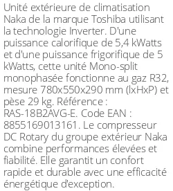 Unité extérieure Naka 5.4 kWatts - Toshiba - Réf : RAS-18B2AVG-E