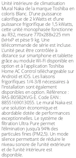 Split mural Naka - 2 kWatts - Toshiba - Réf : RAS-B05B2KVG-E