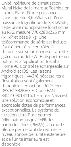 Split mural Naka - 3.6 kWatts - Toshiba - Réf : RAS-B13B2KVG-E
