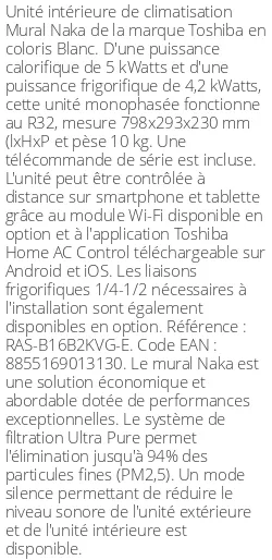 Split mural Naka - 5 kWatts - Toshiba - Réf : RAS-B16B2KVG-E