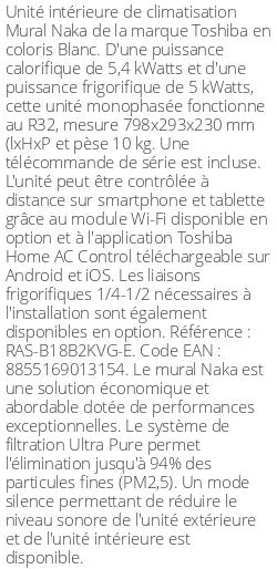 Split mural Naka - 5.4 kWatts - Toshiba - Réf : RAS-B18B2KVG-E
