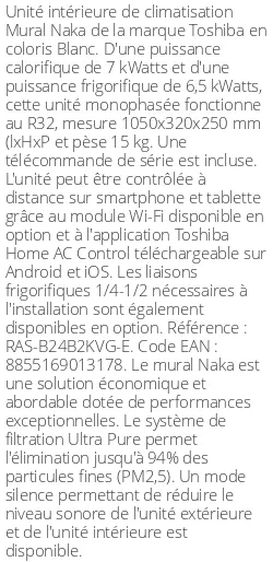 Split mural Naka - 7 kWatts - Toshiba - Réf : RAS-B24B2KVG-E