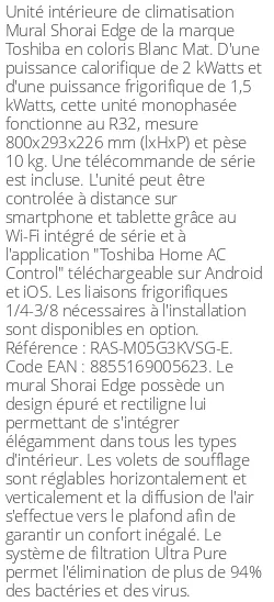 Split mural Shorai Edge - 2 kWatts Blanc Mat - R32 - Toshiba - Réf : RAS-M05G3KVSG-E