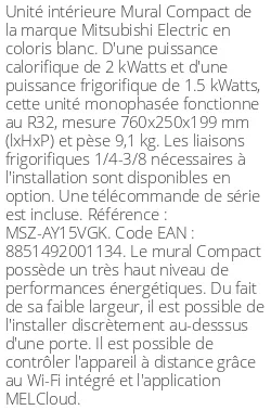 Split mural Compact AY - 2 kWatts - R32 - Mitsubishi Electric - Réf : MSZ-AY15VGK