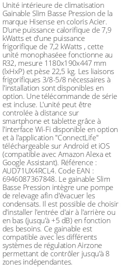 Gainable Slim Basse Pression - 7.9 kWatts - R32 - Hisense - Réf : AUD71UX4RCL4