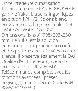 Split mural Yukai - 5.4 kWatts - R32 - Toshiba - Réf : RAS-B18E2KVG-E