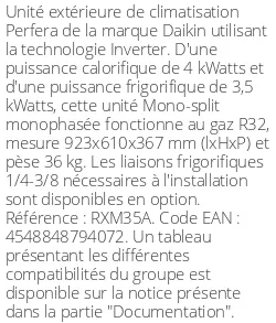 Unité extérieure Perfera RXM-A 4 kWatts - R32 - Daikin - Réf : RXM35A