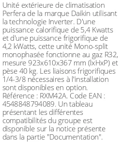 Unité extérieure Perfera RXM-A 5.4 kWatts - R32 - Daikin - Réf : RXM42A