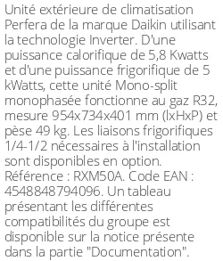 Unité extérieure Perfera RXM-A 5.8 kWatts - R32 - Daikin - Réf : RXM50A