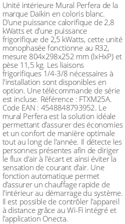 Split mural Perfera FTXM-A - 2.8 kWatts - R32 - Daikin - Réf : FTXM25A