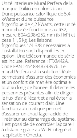 Split mural Perfera FTXM-A - 5.4 kWatts - R32 - Daikin - Réf : FTXM42A