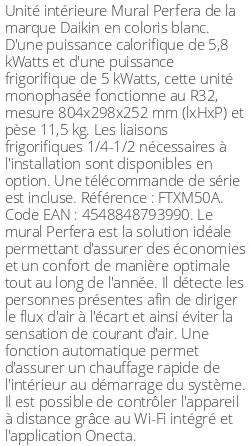 Split mural Perfera FTXM-A - 5.8 kWatts - R32 - Daikin - Réf : FTXM50A