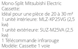 Climatiseur Cassette 1 voie 2,5 kWatts