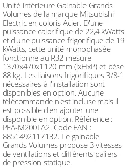 Gainable Grands Volumes 22.4 kWatts - R32 - Mitsubishi Electric - Réf : PEA-M200LA2
