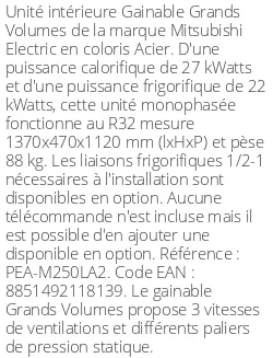 Gainable Grands Volumes 27 kWatts - R32 - Mitsubishi Electric - Réf : PEA-M250LA2