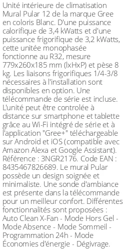 Split mural Pular 12 - 3.4 kWatts - R32 - Gree - Réf : 3NGR2176
