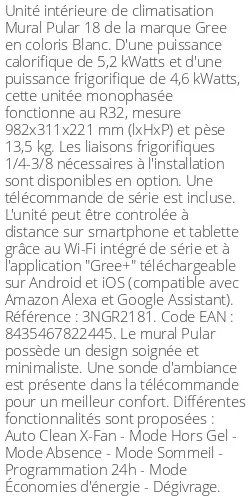 Split mural Pular 18 - 5.2 kWatts - R32 - Gree - Réf : 3NGR2181