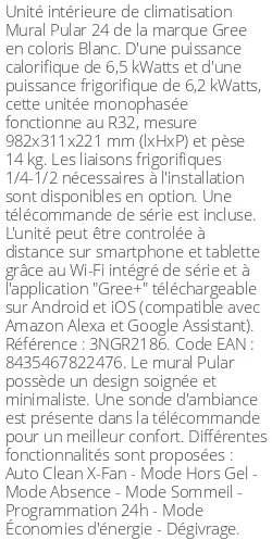 Split mural Pular 24 - 6.5 kWatts - R32 - Gree - Réf : 3NGR2186