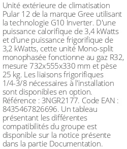 Unité extérieure Pular 12 3.4 kWatts - R32 - Gree - Réf : 3NGR2177