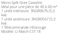 Climatiseur Cassette U-Match, 5 kWatts Monophasé