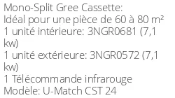 Climatiseur Cassette U-Match, 7,1 kWatts Monophasé