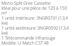 Climatiseur Cassette U-Match, 13,4 kWatts Monophasé