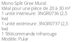 Climatiseur Mural Pular, 2,5 kWatts