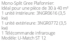 Climatiseur Plafonnier U-Match, 3,5 kWatts Monophasé