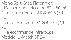Climatiseur Plafonnier U-Match, 7,1 kWatts Monophasé