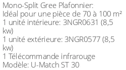 Climatiseur Plafonnier U-Match, 8,5 kWatts Monophasé