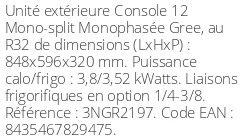 Unité extérieure Console 12 3.8 kWatts - R32 - Gree - Réf : 3NGR2197