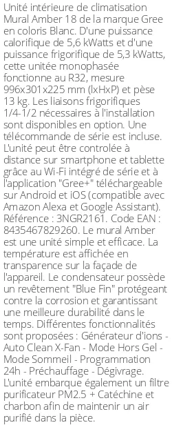 Split mural Amber 18 - 5.6 kWatts - R32 - Gree - Réf : 3NGR2161