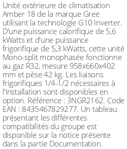Unité extérieure Amber 18 5.6 kWatts - R32 - Gree - Réf : 3NGR2162