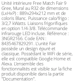 Split mural Fair 9 - 3 kWatts Blanc - R32 - Gree - Réf : 3NGR2166