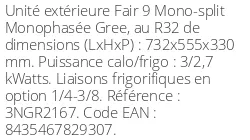 Unité extérieure Fair 9 3 kWatts - R32 - Gree - Réf : 3NGR2167