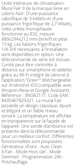 Split mural Fair 9 - 3 kWatts Noir - R32 - Gree - Réf : 3NGR2171