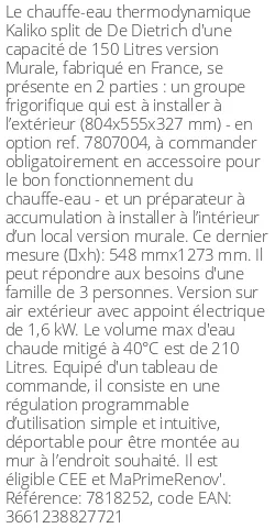 Chauffe-eau thermodynamique Kaliko split SWH 7818252 ballon 150 Litres mural