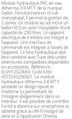 Module hydraulique Altherma 3 R MT F 1 zone 230 Litres Monophasé