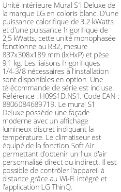 Split mural S1 Deluxe - 3.2 kWatts - R32 - LG - Réf : H09S1D.NS1