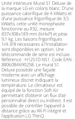 Split mural S1 Deluxe - 4 kWatts - R32 - LG - Réf : H12S1D.NS1