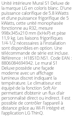 Split mural S1 Deluxe - 5.8 kWatts - R32 - LG - Réf : H18S1D.NS1