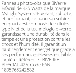 Panneau photovoltaïque BiVerre Bifacial 425 Watts 1500 Volts