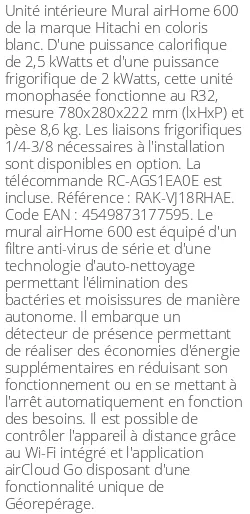 Split mural airHome 600 - 2.5 kWatts - R32 - Hitachi - Réf : RAK-VJ18RHAE