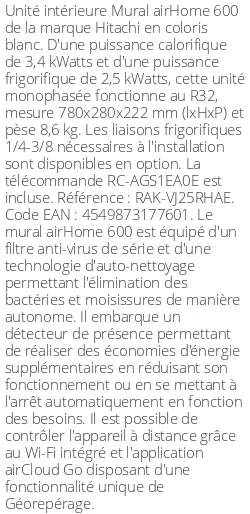 Split mural airHome 600 - 3.4 kWatts - R32 - Hitachi - Réf : RAK-VJ25RHAE