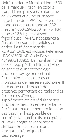 Split mural airHome 600 - 7 kWatts - R32 - Hitachi - Réf : RAK-VJ60RHAE