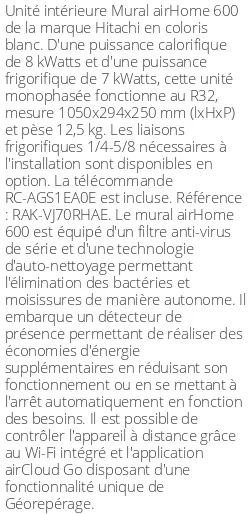 Split mural airHome 600 - 8 kWatts - R32 - Hitachi - Réf : RAK-VJ70RHAE