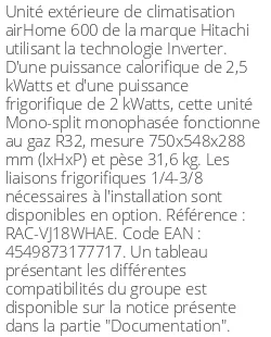 Unité extérieure airHome 600 2.5 kWatts R32 - Hitachi - Réf : RAC-VJ18WHAE