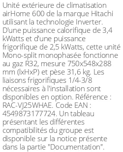Unité extérieure airHome 600 3.4 kWatts R32 - Hitachi - Réf : RAC-VJ25WHAE