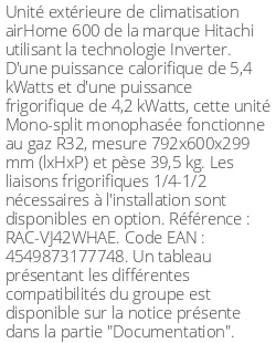 Unité extérieure airHome 600 5.4 kWatts R32 - Hitachi - Réf : RAC-VJ42WHAE